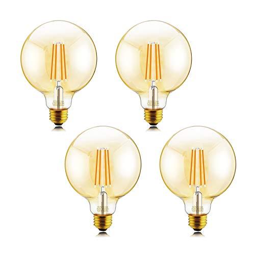Helloify G25 Amber Glass Globe Decorative Dimmable Vintage LED Edison Bulb, 60W Equivalent, High Brightness Filament Lamp for Makeup Mirror, Pendant, Bathroom, Warm White 2500K, Antique Style, 4 Pack