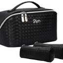 BOYATU Travel Makeup Bags for Women: Large Cosmetic Bag - PU Leather Make up Bag Set of 3 - Compact Toiletry Organizer with Compartments (L03 Black)