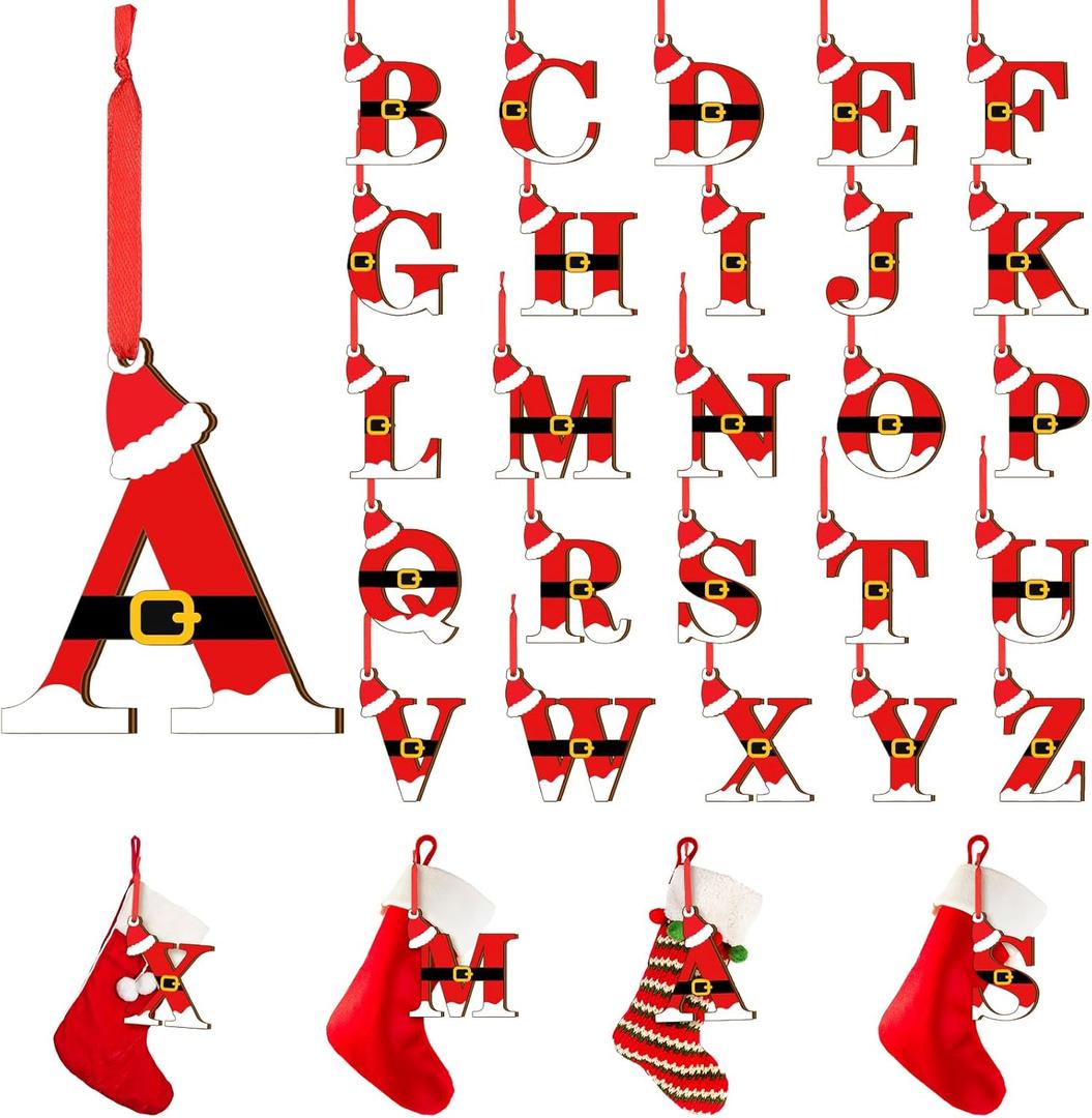 Sumind 26 Pcs A to Z Ornament Letters for Tree Christmas Stocking Name Tags Wooden Xmas Stocking Tags Initial Letter Name Tag Ornaments Alphabet Hanging Ornaments Gift for DIY Craft(Santa Claus)