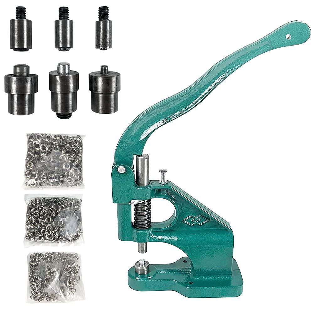 QWORK Heavy Duty Hand Press Eyelet Grommet Machine Punch Tool Kit 3 Size Dies (#0#2#4) & 1500 Pcs Silver Grommets for Banner, Canvas & Leather Work