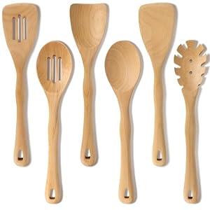Wooden Spatula Set, 6 Pack Kitchen Wood Slotted Spoon Spatulas Turner Utensils for Cooking, Non Toxic Solid Wooden Spatulas Natural Wood Serving Spoons Spaghetti Utensil Set for Nonstick Cookware