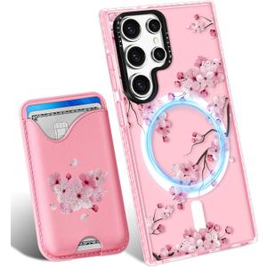 Toycamp for Samsung Galaxy S25 Ultra Case - Compatible with Magsafe Credit Card Holder Wallet Magnetic Cute Women Teen Girls Kawaii Girly Unique Flower Design Phone Cover for Samsung S25 Ultra