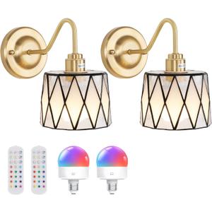Vintage Battery Operated Wall Sconce Set of 2, 5000mAh Rechargeable Wall Lamp 12 RGB Colors Dimmable, Gold Lights Fixture for Bedroom Bathroom Living Room Hallway Clear Checker