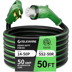 50 Amp 50 Feet RV Power Cord, Heavy Duty 6/3 + 8/1 Gauge STW 50A Generator Cord, NEMA 14-50P to SS2-50R LED Power Indicator Twist Lock for RV Trailer Camper and Generator to House, ETL Listed