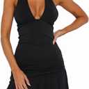 MiiVoo Women Sexy Halter Deep V Neck Ruched Bodycon Dress Summer Backless Cocktail Club Party Short Mini Dresses (US, Alpha, Medium, Regular, Regular, Black)