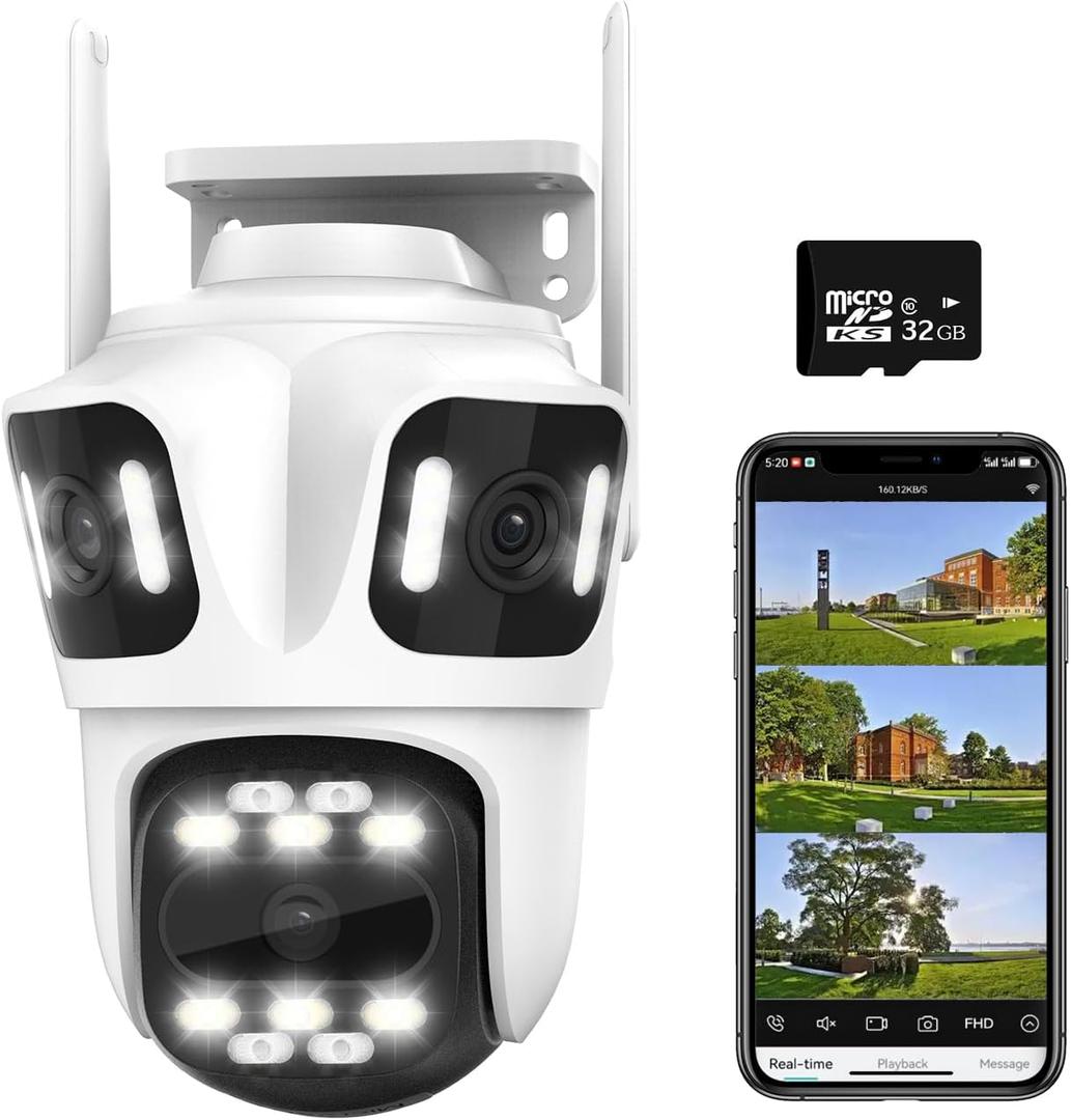 Security WiFi Camera Outdoor with Three Lens, Wired Plug-in 3X 3MP Security Camera Indoor, Pan Tilt 360 View Auto Tracking, AI/Motion Detection, 2-Way Audio, Color Night Vision, 32GB TF/Cloud Storage