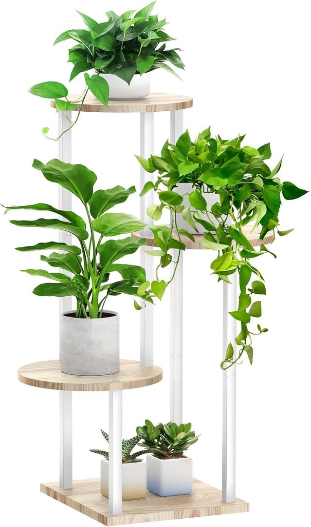 4 Tier White Metal Wooden Tall Plant Stand Indoor Shelf Flower Pot Holder for Multiple Plants, Corner Display Rack for Living Room Balcony Patio Garden (See Figure)