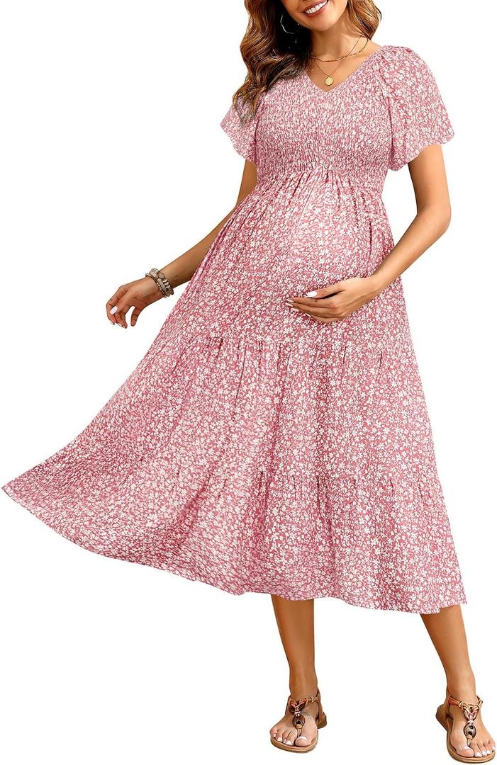 Maternity Dress for Baby Shower - 2025 Photoshoot Pregnancy Summer Midi Casual Flutter Sleeve Dress (Medium, Pink Floral)