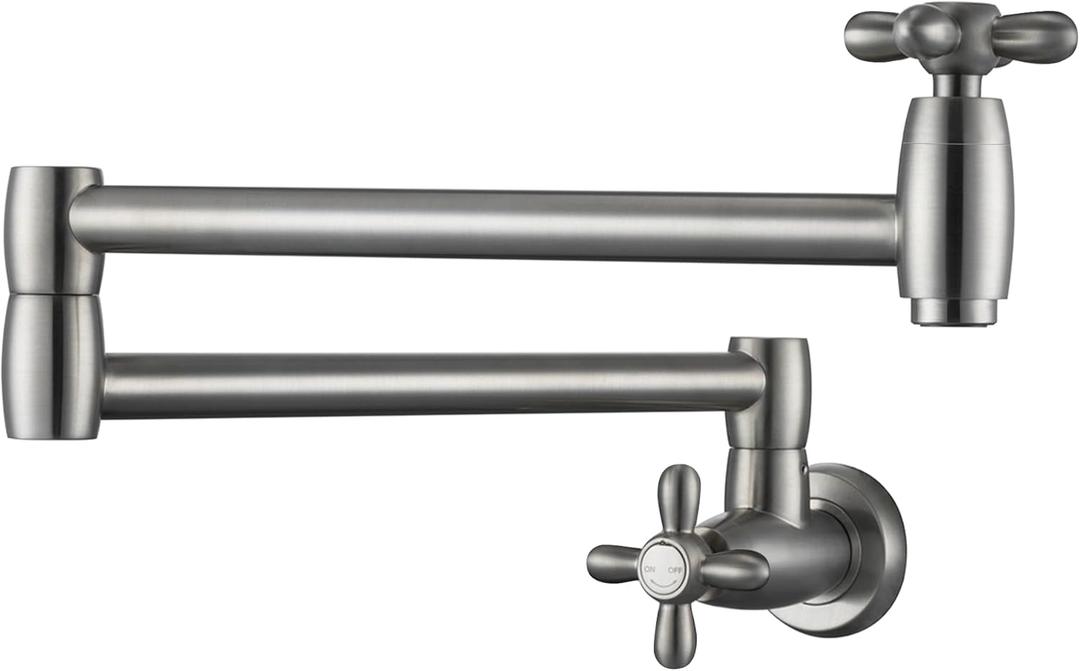 LANC Pot Filler Faucet Wall Mount, Brushed Nickel Kitchen Stove Faucets Stretchable with Double Joint Swing Arm Single Hole 2 Cross Handles Folding Brass Pot Fillers, P82BN