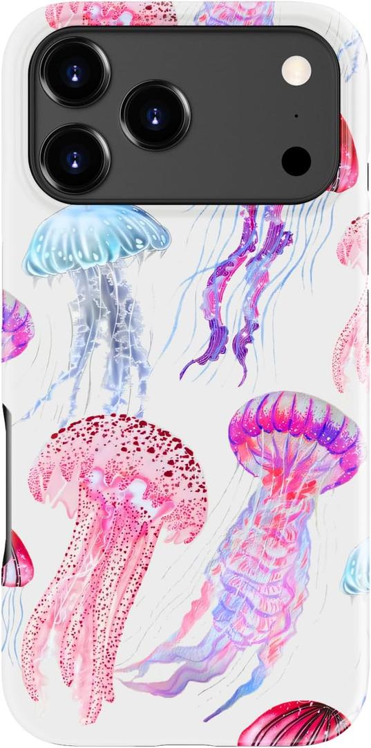 for iPhone 17 Pro Case - Wireless Charging Compatible - Dual-Layer Hard Shell + Silicone Cover - Shockproof Protective Phone Case with Trendy Designs for Women - Colorful Jellyfish