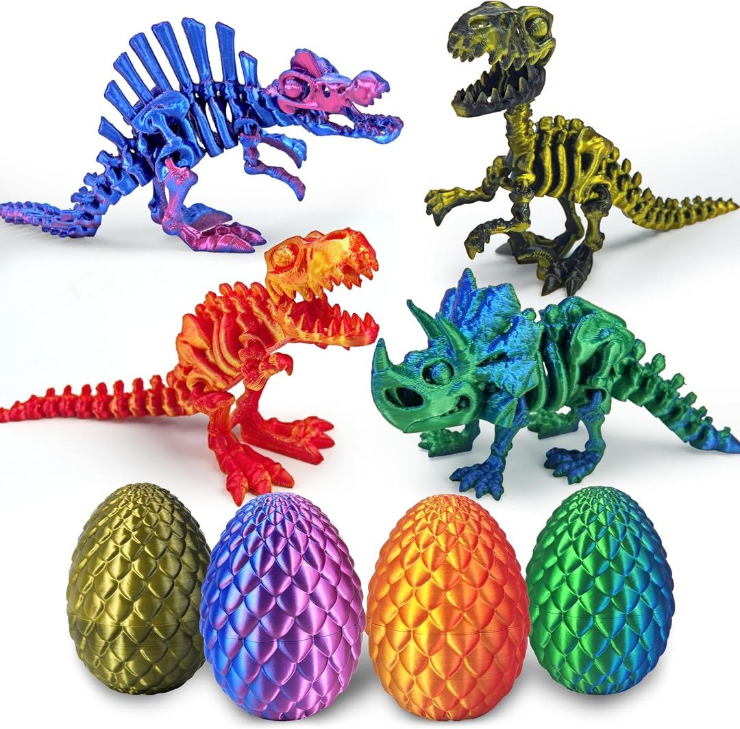 Kyerivs 4PCS 3D Printed Dinosaur Easter Egg, Cool 3D Printer Dinosaur Fidget Toys for Kids, Animals Fidget Dinosaur Eggs, Prefilled Easter Eggs Basket Stuffers Toys for Kids Boys Teen