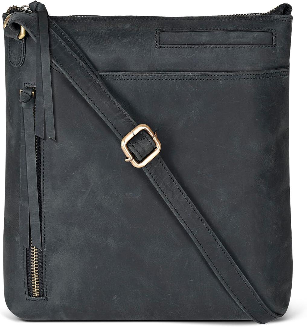 Oak Leathers Cross Over Purse | Leather Purse For Women | Vintage Black Purse | Large Sized Purse | Adjustable Strap