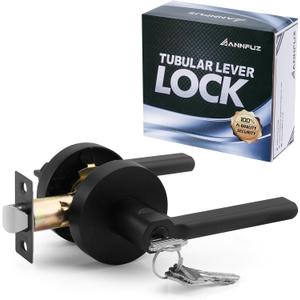 ANNFUZ Round Heavy Duty Entry Door Lever Handle Lock with Key for Office/ Front Door, Entrance Interior Exterior Door Knob Hardware, Lockable, Not Keyed Alike, Reversible for Left/ Right Side (Matte Black)