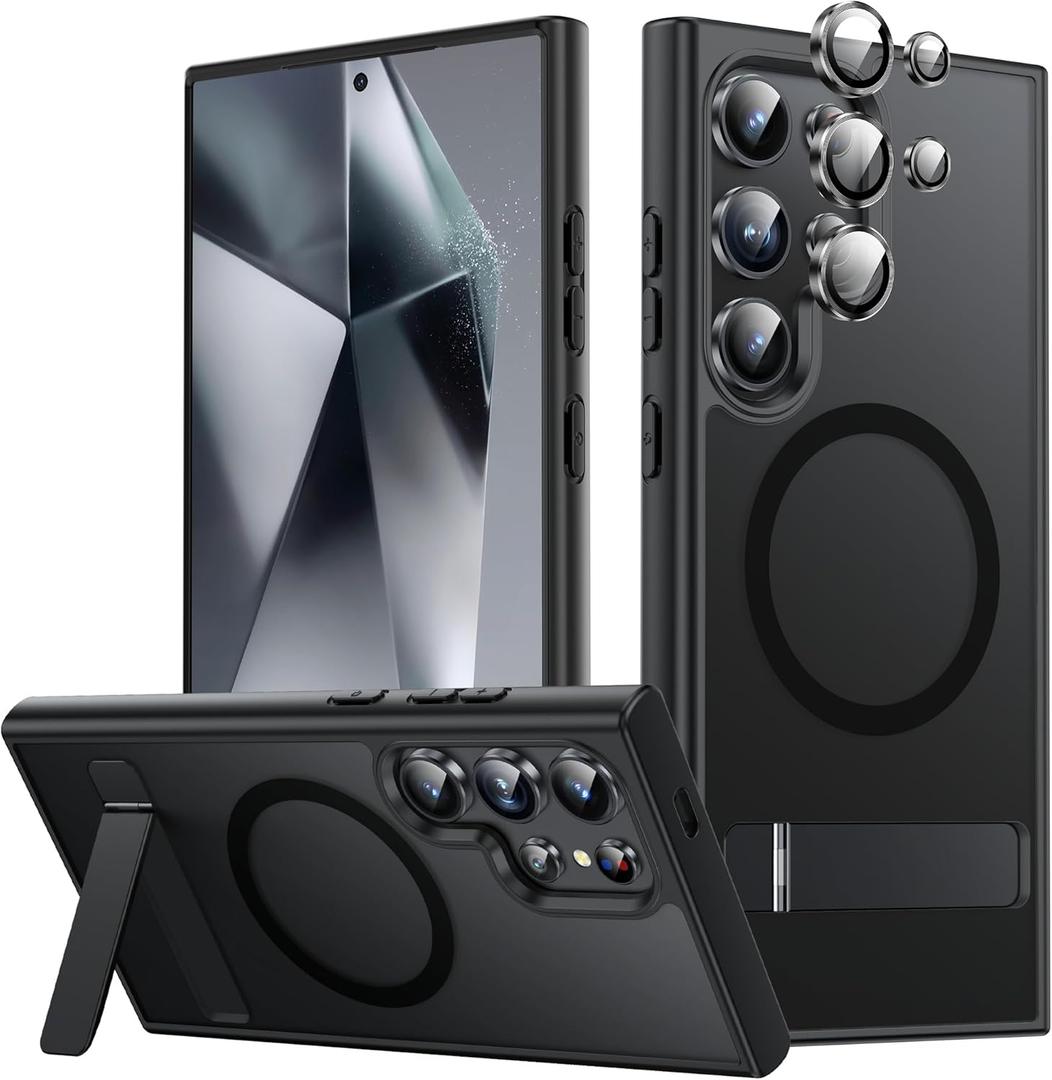 Stand for Samsung Galaxy S24 Ultra Case, Compatible with MagSafe, Built-in Kickstand, Camera Lens Protector, Translucent Matte Slim Silicone Shockproof Hard Back Phone Cover, Black