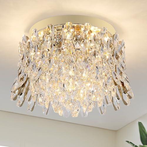 Mlxattic Crystal Chandeliers for Bedroom,4-Lights Ceiling Light Fixtures Flush Mount,Gold Drum Chandelier for Dining Room,Kitchen,Hallway, Living Room,Foyer,Closet,H9'' x W13.8''