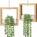 2 Pack Hanging Artificial Succulents Plants String of Tears - 7.8x7.8in Square Wooden Frame Vase with Stones & 2 LED Fairy Lights (On/Off Switch), Farmhouse Decor for Indoor Outdoor WallBurnt Wood