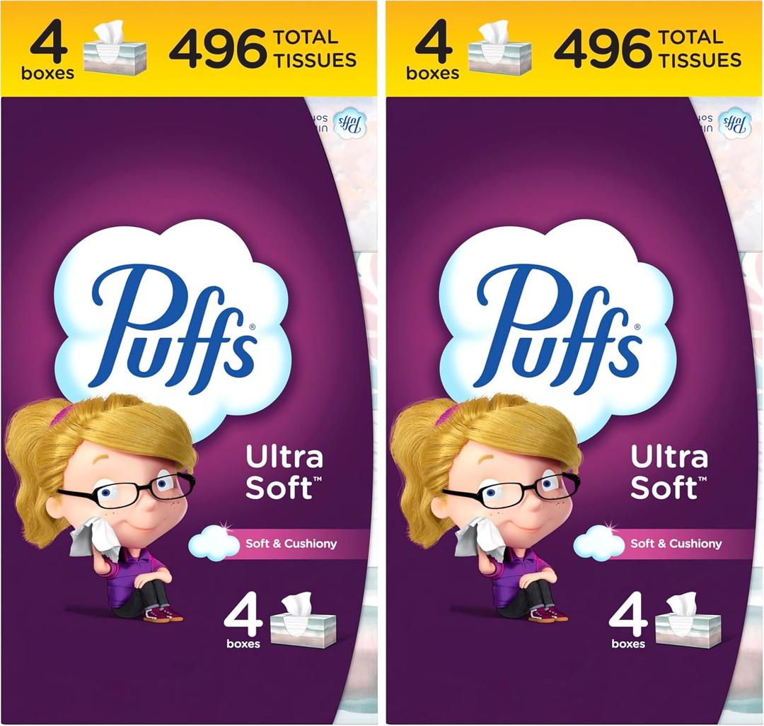 Puffs Ultra Soft Facial Tissues, 4 Family Size Boxes, Allergies and Colds, 124 Facial Tissues per Box (Pack of 8)