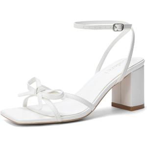 Goderci Bow Strappy Heels for Women Square Open Toe Mid Chunky Block Heeled Sandals 9