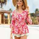 Timeson Women's 3/4 Sleeve Tops Dressy Casual V Neck Floral Blouses Elastic Waist Fall Shirts (Pink, XL)