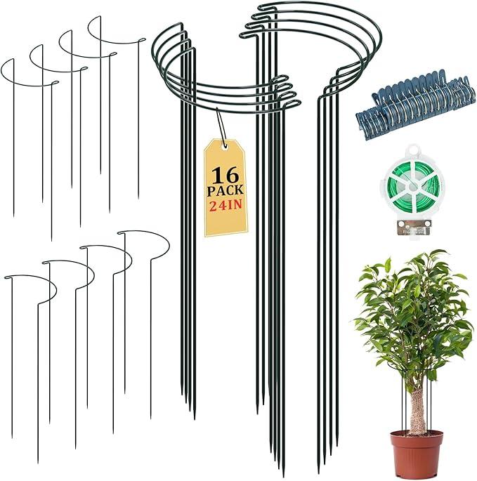 10 PCS Adjustable Plant Support Stand with Clips & Twist Tie - 10x24 Inch Garden Stakes for Indoor Outdoor Plants, Heavy Duty Plant Stakes Peony Support Cage Plant Support Ring