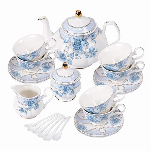 fanquare Blue Flowers Porcelain Tea Set, Tea Cup and Saucer Set Service for 6, Wedding Tea Set with Sugar Bowl Cream Pitcher, Floral Coffee Set for Tea Party