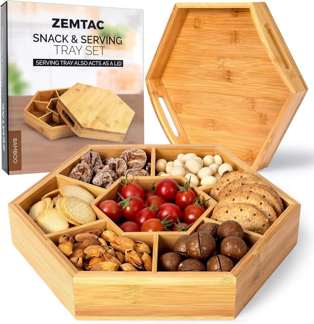 Snack Tray with Lid That Doubles as a Serving Tray  13"x11" Bamboo Wooden Dry Fruit Tray for Nuts & Candy, Decorative Trays for Home Decor, Coffee Table or Ottoman Use (Bamboo, 13"x11")