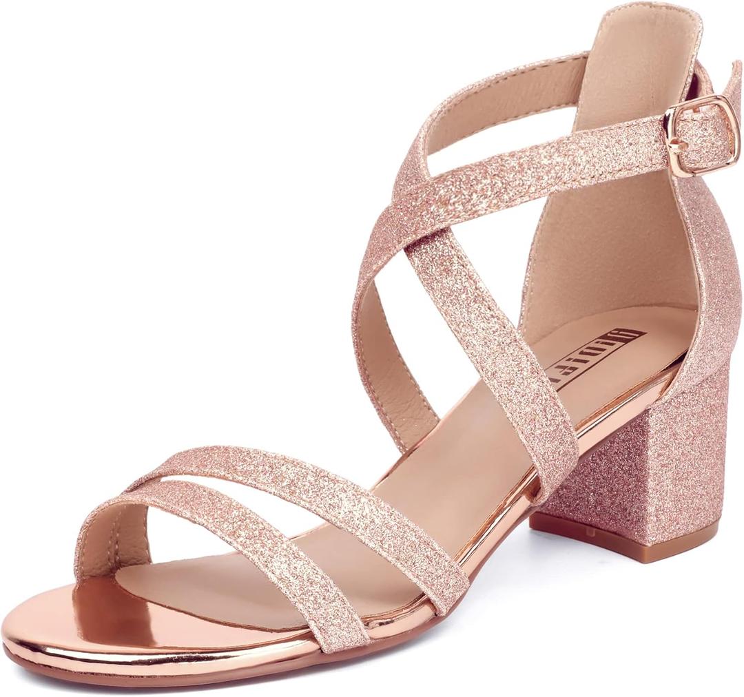 IDIFU Women's Block Low Chunky Heel Strappy Sandals Open Toe Ankle Strap Dress Wedding Evening Shoe for Women Bridal 9.5