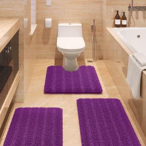 ACCUMTEK Striped Purple Bathroom Rug Set 3 Pieces Ultra Soft, Non Slip Chenille Toilet Mat, Absorbent Plush Shaggy Bath Mats for Bathroom, Bedroom, Kitchen (20"x32"+17"x24"+U Shape 20"x24")