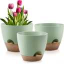 Plant Pots 10/9/8 Inch Self Watering Pots, Set of 3 Plastic Planters with Drainage Holes and Saucers,Plastic Flower Pots,Nursery Planting Pot for Indoor Out Door PlantsGreen