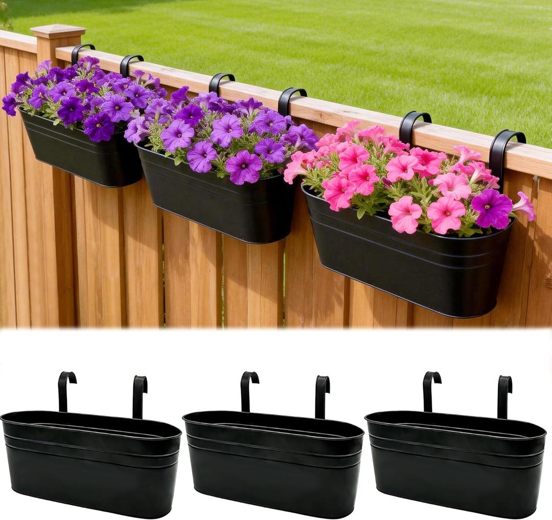 SYITCUN Metal Railing Planter Boxes 16 Inch, 3-Pack Adjustable Hanging Flower Pots for Balcony, Deck, Porch & Fence, Detachable Hook Design, Black Heavy Duty Planters for Outdoor