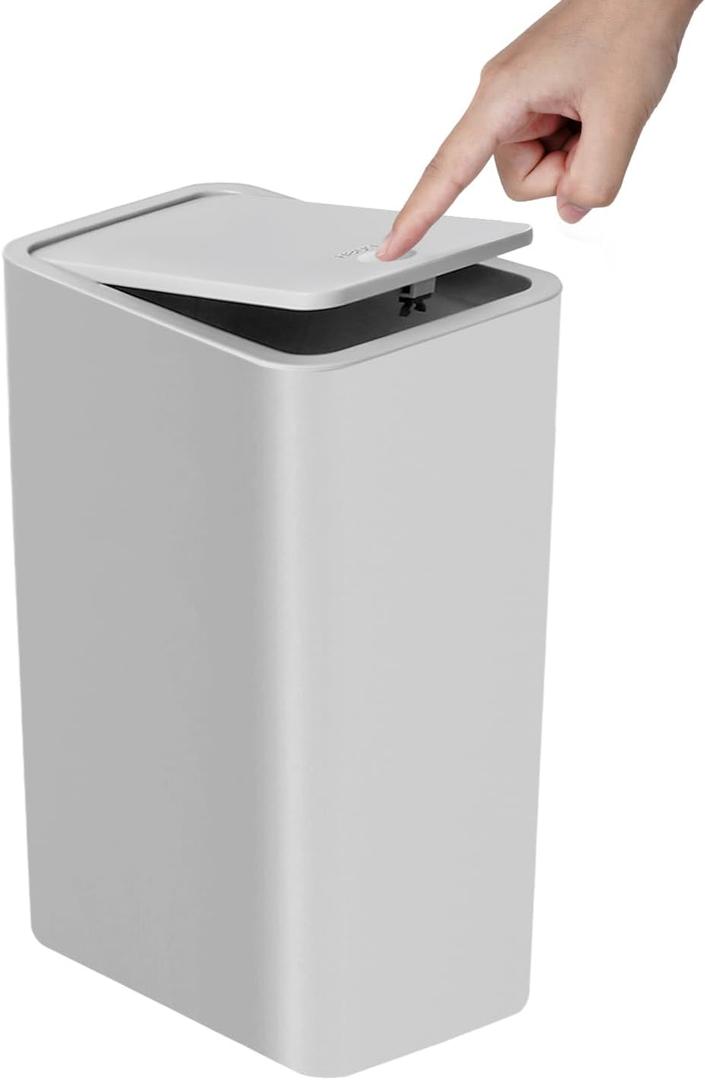 TIPGO Bathroom Trash Can with Lid, 10 Liter/ 2.6 Gallon Slim Garbage Can, Small Trash Bin Waste Basket with Pop-Up Lid for Kitchen, Bedroom, Living Room, Office (Grey) (1 Pack)