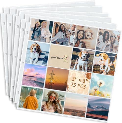 tutata 3x3 Photo Sleeves, 16-Pocket Scrapbook Refill Pages, Page Protectors Fit 12x12 3 Ring Album Binder, 25 Pack