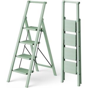 HillhutApex 4 Step Foldable Aluminum Step Ladder with Handgrip, Anti-Slip Pedal, 330 lbs Capacity, Lightweight & Portable for Home, Kitchen, Office, Garage (Pale Green)