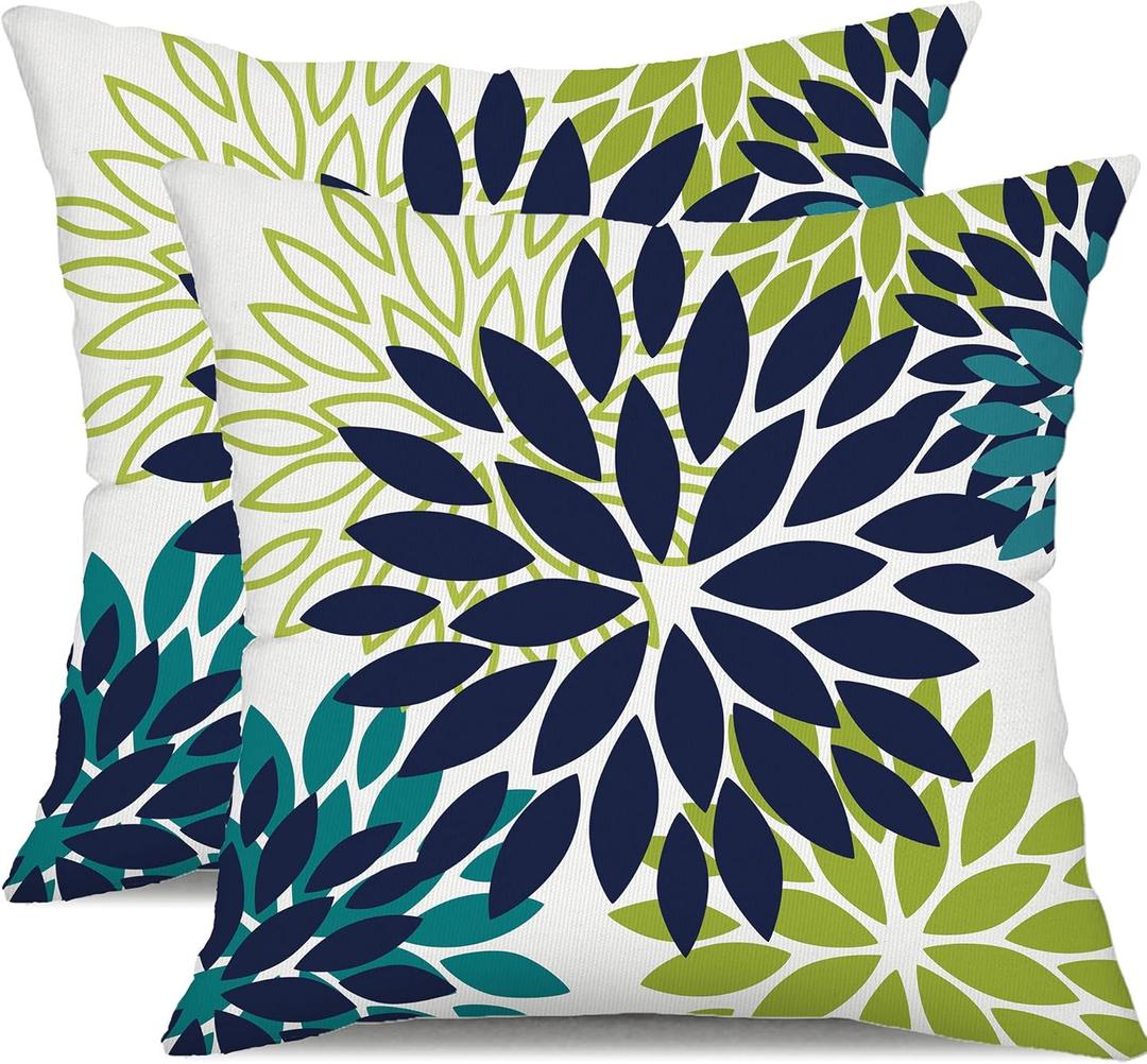 DFXSZ Navy Blue Flower Pillow Covers 18x18 Inch Set of 2 White Gray Colored Throw Pillows Outdoor Waterproof Decor for Living Room Sofa Patio Funiture Garden Floral Polyester Pillow Covers 002P18