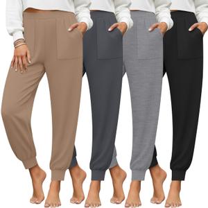 4 Pack Women's Yoga Joggers, Cozy Lounge Pants with Pockets Loose Casual Gym Athletic Sweatpants Comfy Cuffed Pants (XX-Large, Black, Light Heather Gray, Charcoal Gray, Khaki)