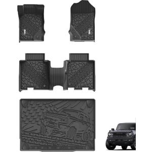 3W Floor Mats & Cargo Liner Fit for 2021-2024 2025 Ford Bronco 4 Door, TPE All Weather Custom Fit Floor Liner 1st 2nd Row and Full Set Trunk Mats, Black (Not for Bronco Sport & Rubberized Floor)