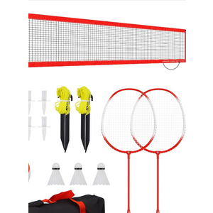Portable Outdoor Volleyball and Badminton Set, with Aluminum Badminton Rackets, Shuttlecocks, Height Adjust Steel Poles, Winch System, Volleyball with Pump and Carrying Bag for Backyard Beach