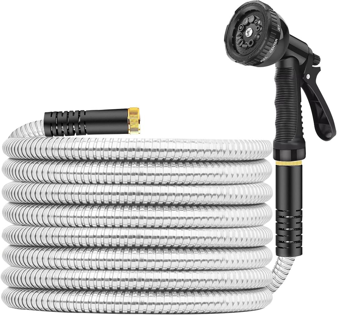 Garden Hose Non-Expandable 10 ft, Leak Proof, Kink-Free Water Hose with 10 Function Spray Nozzle, Lightweight Flexible, Portable Hose for Gardening, Silvery