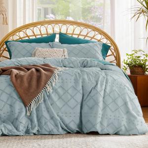 Bedsure Boho Duvet Cover Queen Size - Boho Bedding, Tufted Queen Duvet Cover for All Seasons, 3 Pieces Embroidery Shabby Chic Home Bedding,Comforter Not Included (Dusty Blue, 90" x 90")