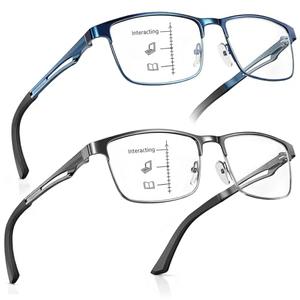 SKYFUEN Progressive Multifocus Reading Glasses for Men Metal Frame No-Line Anti-Blue Light Computer Readers with Spring Hinges, 1.75x
