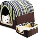 Dog Bed,2 Ways to Use,Indoor Pet House with Fluffy Mat,Removable and Washable Cover,Splash-Proof House and Non-Slip Bottom,for Large Dogs(XL Vertical Stripes)