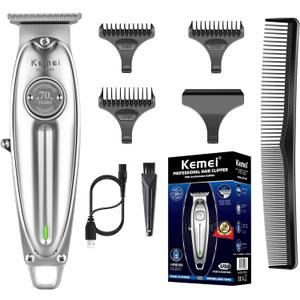 KEMEI Professional Beard and Hair Trimmer for Men, Cordless T-Blade Trimmers, Electric Hair Clippers for Barbers and Stylists, All Body Grooming Model 1949 (Km-19499-silvery)