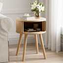 ZttRiee Side Table with Sliding Door & Cabinet, End Table for Living Room, Night Stand for Bedroom, Modern Bedside Table with Solid Wood Legs, Natural