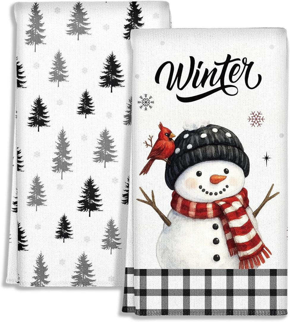 Winter Christmas Kitchen Towels - Christmas Theme 18x26 Inch Absorbent 2pcs Microfiber Dish Towels for Kitchen, Cute Holiday Designs with Snowman for Decoration, Gifting, Housewarming