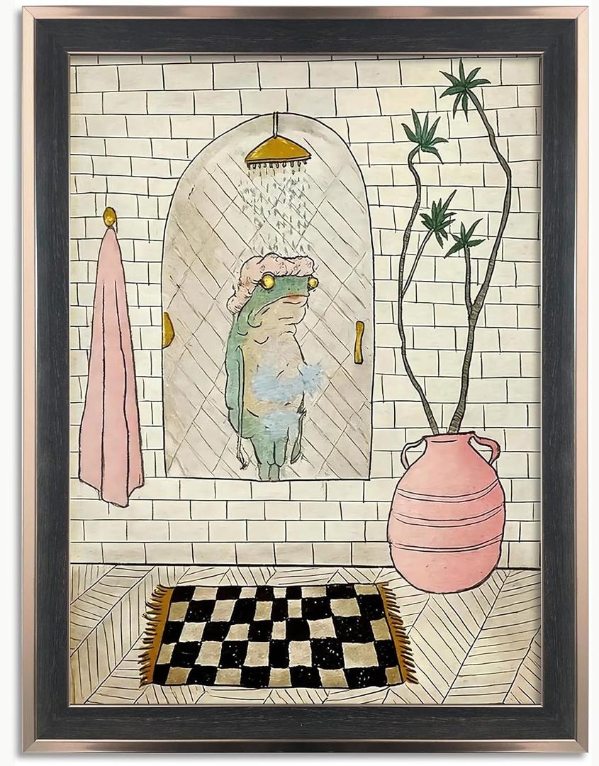 Framed Funny Frog Bathroom Wall Art Frog Taking Shower Canvas Print Cute Humorous Animal Wall Decor for Bathroom Guest Toilet Ready to Hang 12inx16in