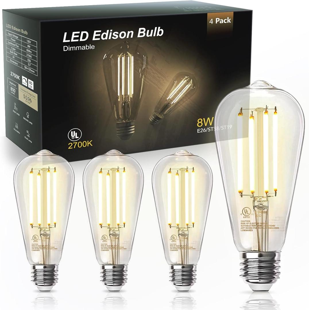 TJOY Edison Light Bulbs 60W Equivalent, Dimmable Vintage LED Light Bulbs, E26 Medium Base, Warm White 2700K, ST58, 8W, 800LM, 80+ CRI, Antique Decorative LED Filament, Clear Glass, 3 Pack