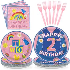 96Pcs 2nd Birthday Party Decorations Girls Pink Cartoon Teaching Plates and Napkins Cartoon English Teacher Theme Tableware Set for Girl Birthday Baby Shower Party Supplies，Serves 24