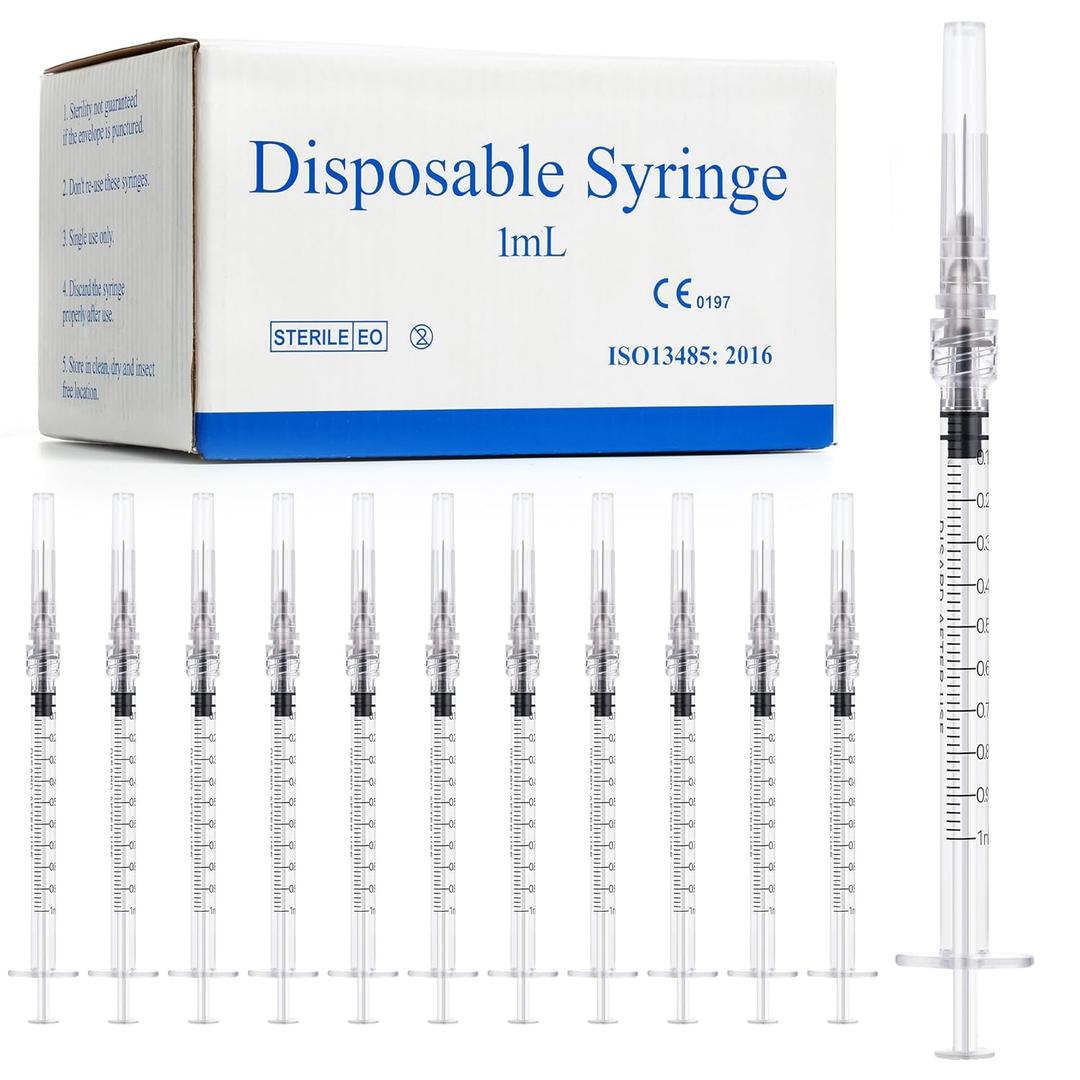 100 Pack 1ml Syringes with Needle 27G 1/2 Inch - Disposable Luer Lock Dispensing Syringe, Individually Wrapped