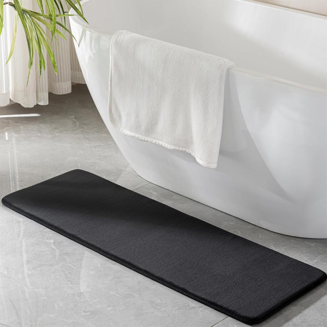 Black Memory Foam Bath Runner Mat Long Narrow Bathroom Rug Microfiber Bathroom Carpet Non Slip Soft Absorbent Washable Bathrug,16" x 47"