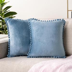 PAVILIA Dusty Blue Throw Pillow Covers with Pom Pom 18x18 Set of 2, Decorative Pillow Cases for Bedroom Aesthetic, Small Throw Pillows Set for Bed, Velvet Euro Plush Cushion Covers for Sofa Couch